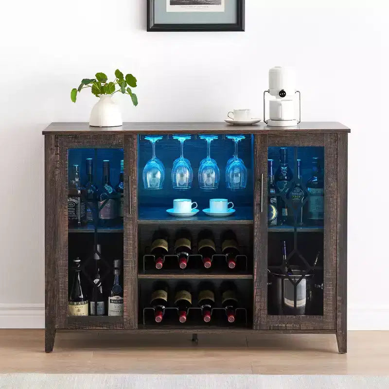 Meuble Bar à Vins avec Lumières LED – Étagère Verres & Bouteilles, Buffet de Rangement