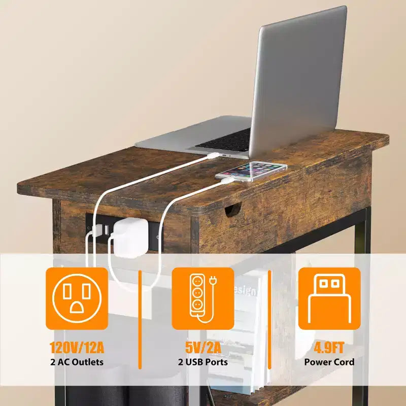 Table d'appoint de charge avec prises USB et rangement à couvercle basculant
