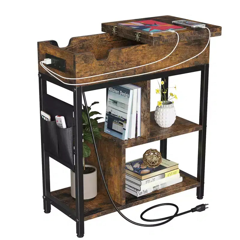Table d'appoint de charge avec prises USB et rangement à couvercle basculant
