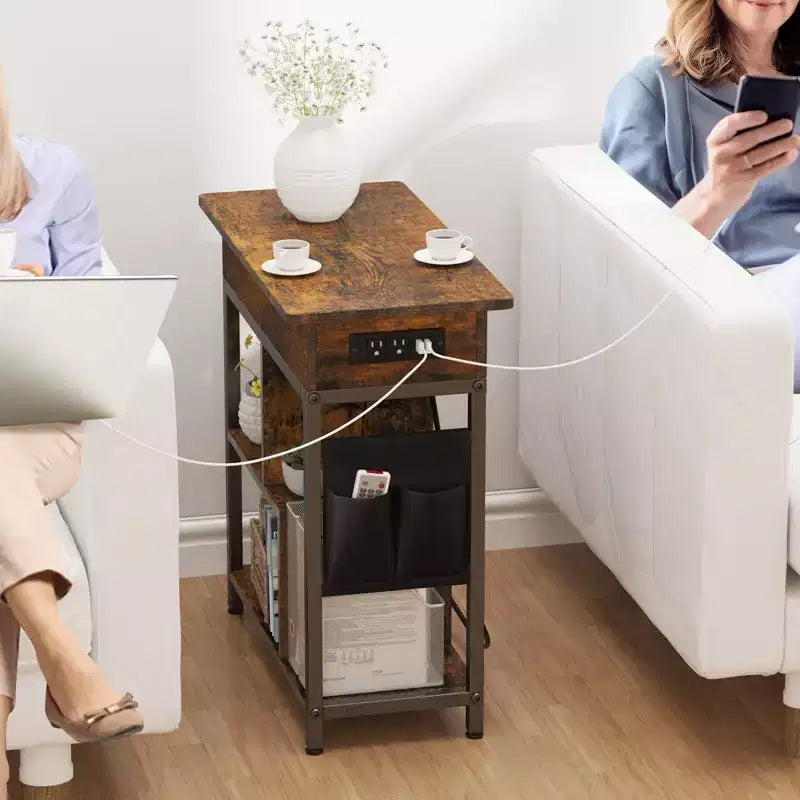 Table d'appoint de charge avec prises USB et rangement à couvercle basculant