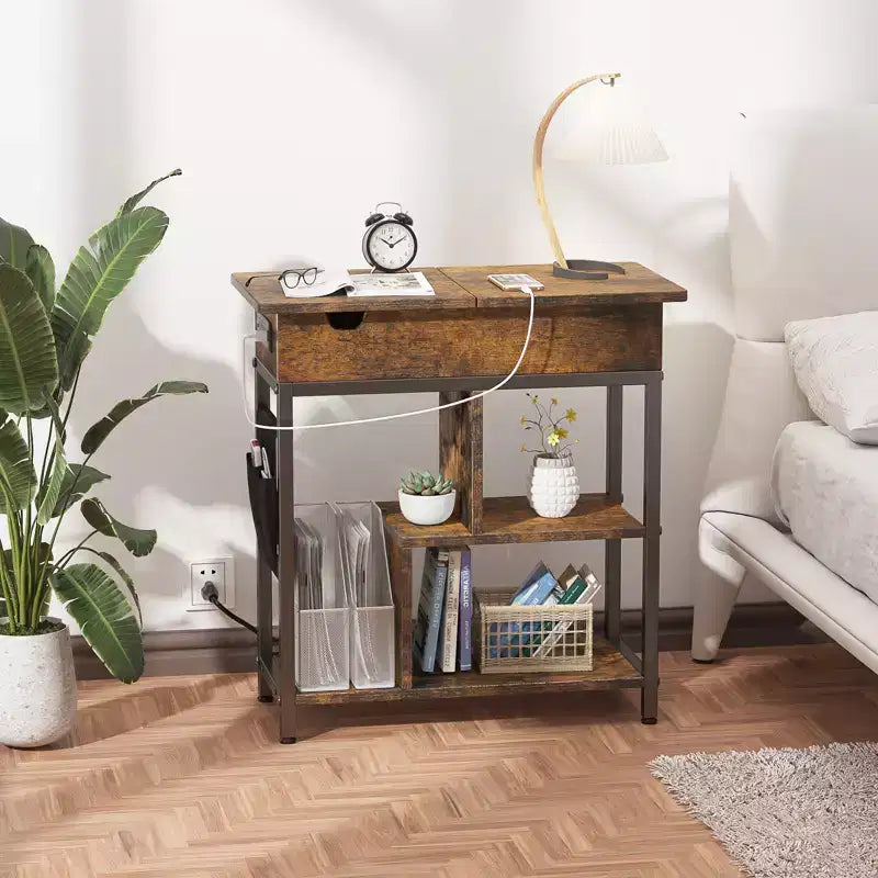 Table d'appoint de charge avec prises USB et rangement à couvercle basculant