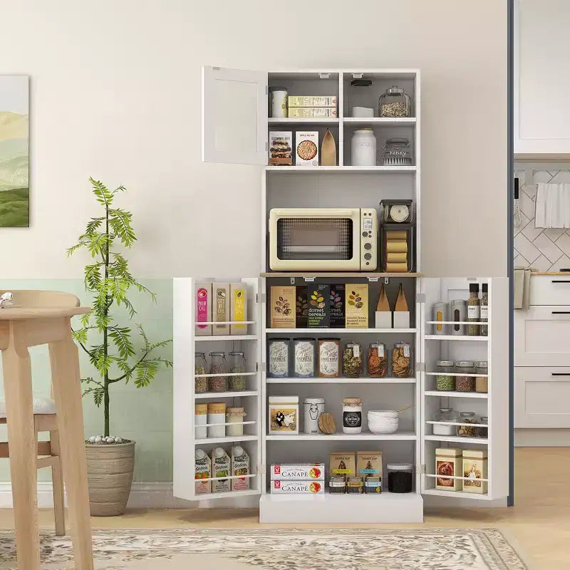 Haut meuble de cuisine avec étagères réglables et portes vitrées