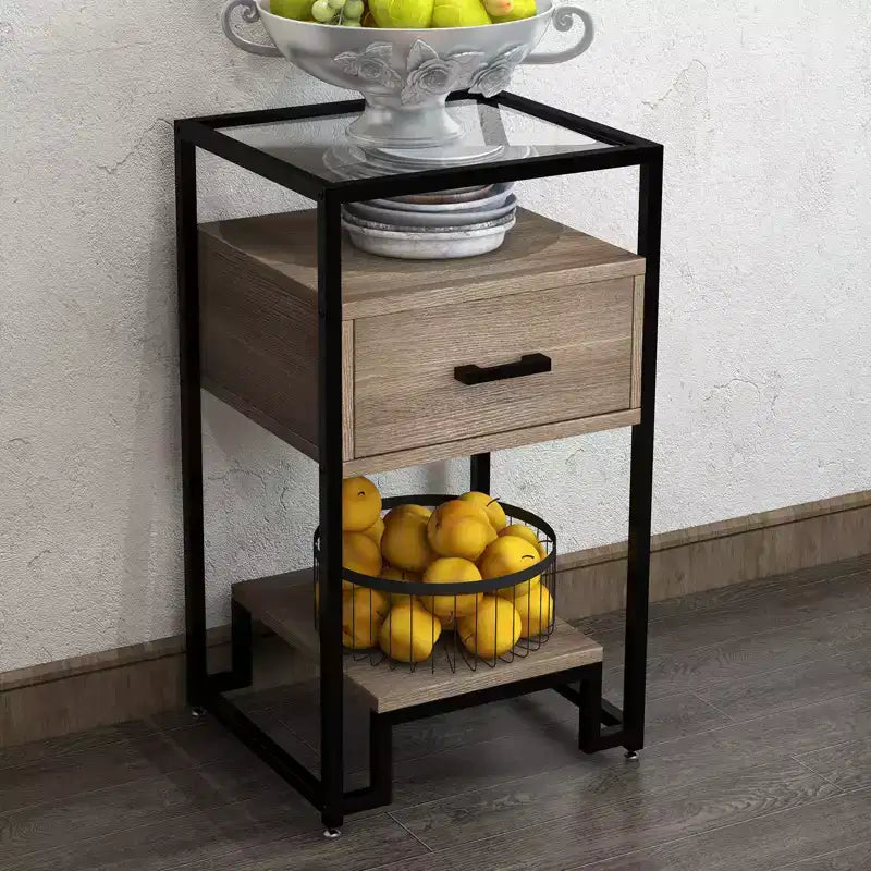 Table de chevet avec plateau en verre trempé, tiroir en bois et pieds réglables