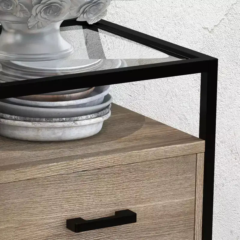 Table de chevet avec plateau en verre trempé, tiroir en bois et pieds réglables