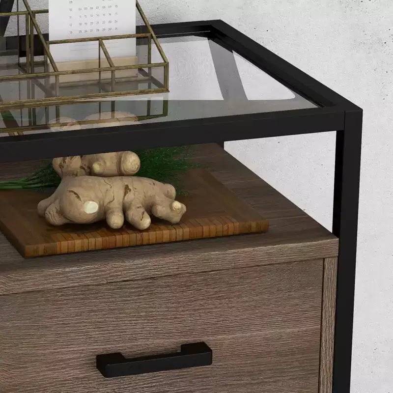 Table de chevet avec plateau en verre trempé, tiroir en bois et pieds réglables