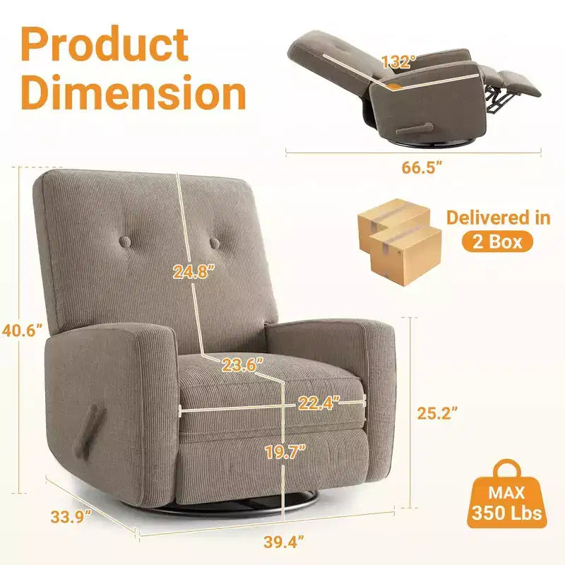 Fauteuil inclinable à bascule pivotant à 360° avec dossier et repose-pieds réglables – Revêtement en velours côtelé
