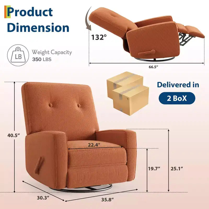 Fauteuil inclinable à bascule pivotant à 360° avec dossier et repose-pieds réglables – Revêtement en velours côtelé