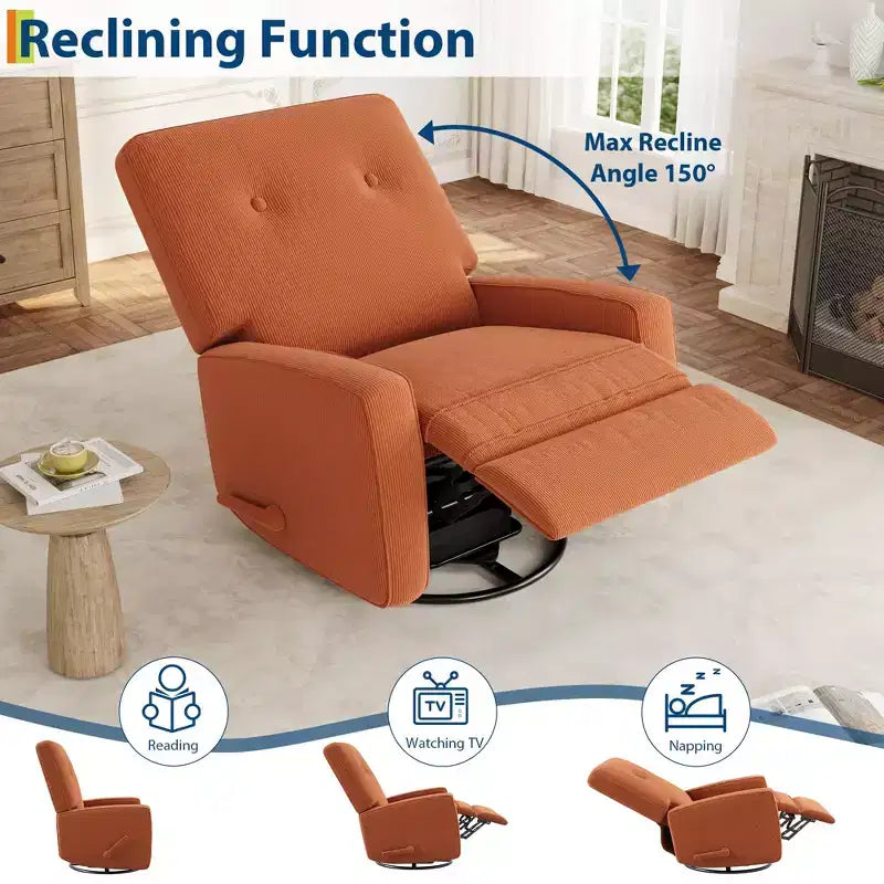 Fauteuil inclinable à bascule pivotant à 360° avec dossier et repose-pieds réglables – Revêtement en velours côtelé