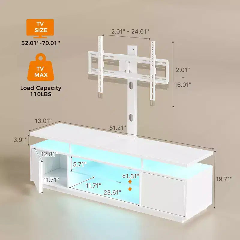 Meuble TV moderne Greenstell de 130/150 cm pour téléviseurs, meuble de divertissement de salon avec lumières LED et station de recharge, pivotant et réglable en hauteur