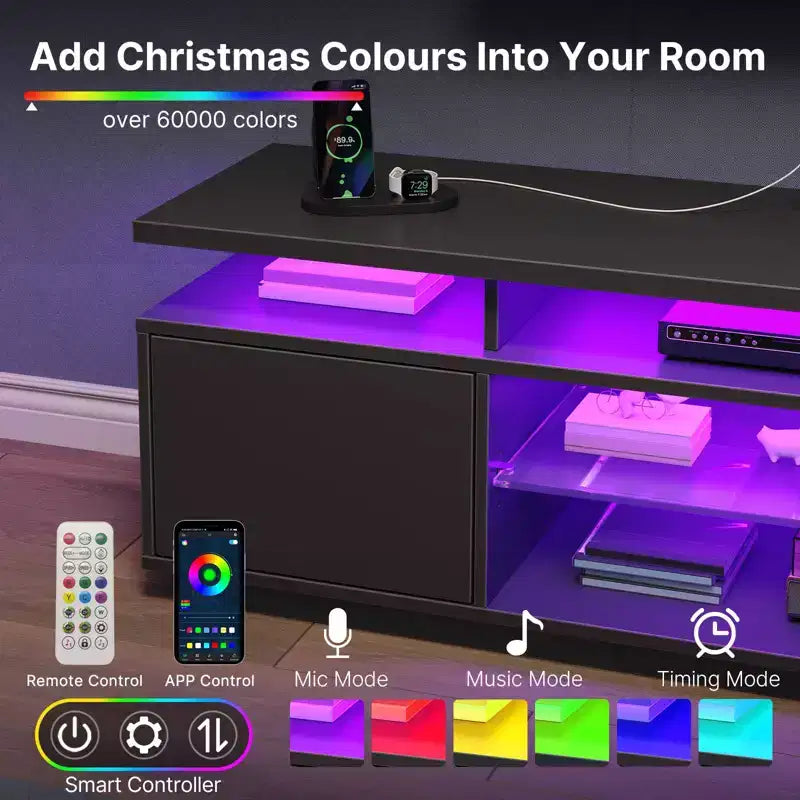 Meuble TV moderne Greenstell de 130/150 cm pour téléviseurs, meuble de divertissement de salon avec lumières LED et station de recharge, pivotant et réglable en hauteur