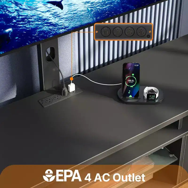 Meuble TV moderne Greenstell de 130/150 cm pour téléviseurs, meuble de divertissement de salon avec lumières LED et station de recharge, pivotant et réglable en hauteur
