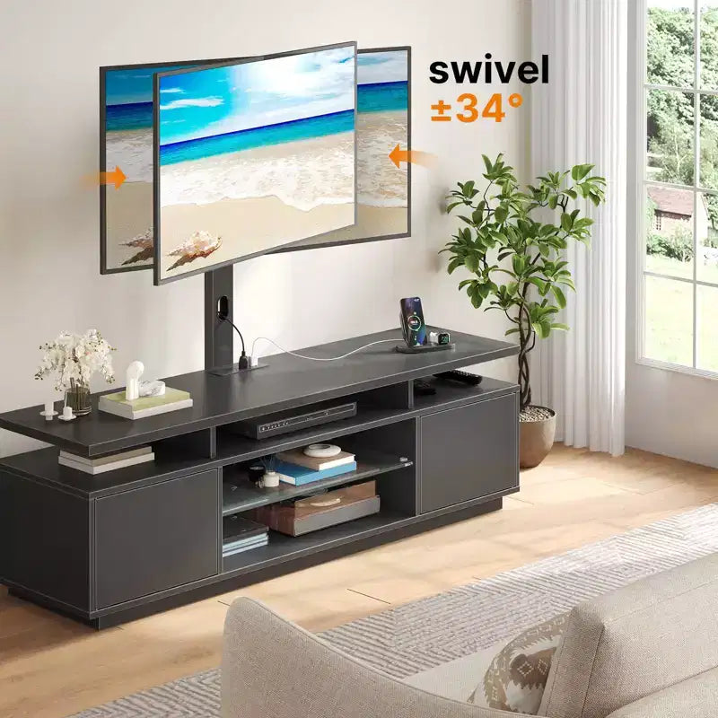 Meuble TV moderne Greenstell de 130/150 cm pour téléviseurs, meuble de divertissement de salon avec lumières LED et station de recharge, pivotant et réglable en hauteur
