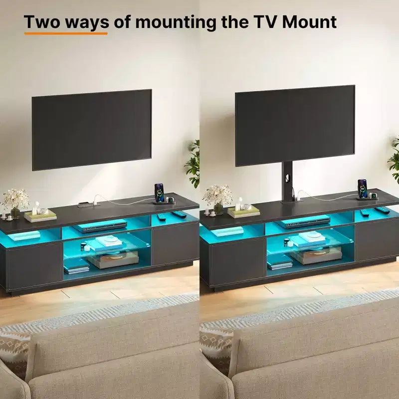 Meuble TV moderne Greenstell de 130/150 cm pour téléviseurs, meuble de divertissement de salon avec lumières LED et station de recharge, pivotant et réglable en hauteur