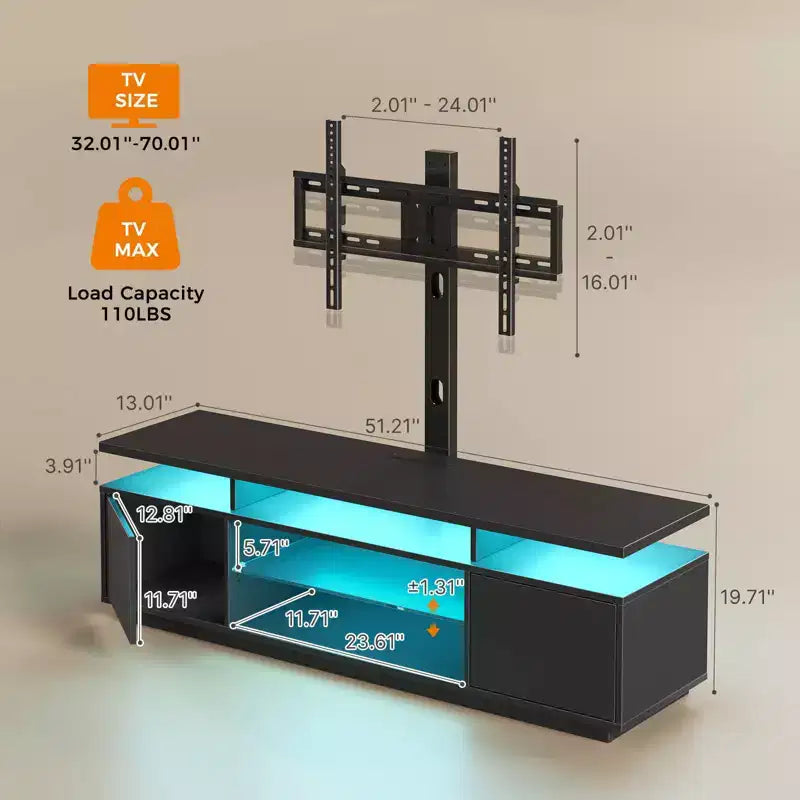 Meuble TV moderne Greenstell de 130/150 cm pour téléviseurs, meuble de divertissement de salon avec lumières LED et station de recharge, pivotant et réglable en hauteur
