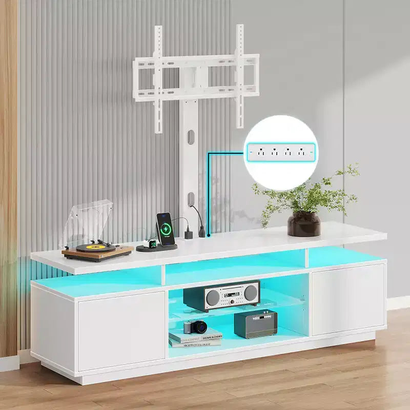 Meuble TV moderne Greenstell de 130/150 cm pour téléviseurs, meuble de divertissement de salon avec lumières LED et station de recharge, pivotant et réglable en hauteur