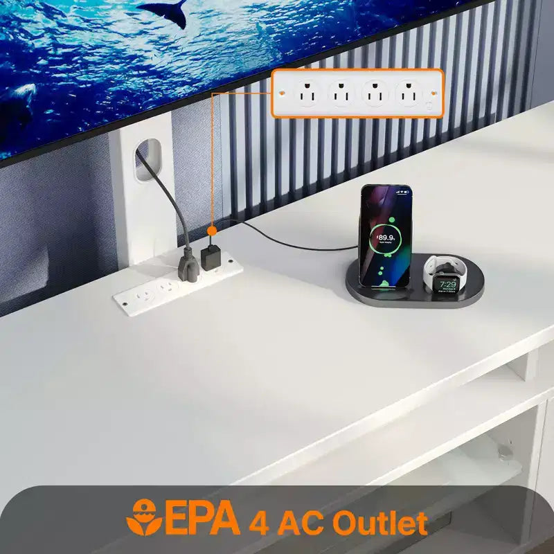 Meuble TV moderne Greenstell de 130/150 cm pour téléviseurs, meuble de divertissement de salon avec lumières LED et station de recharge, pivotant et réglable en hauteur