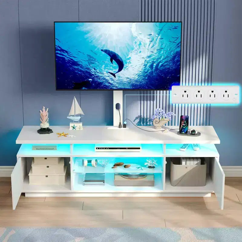 Meuble TV moderne Greenstell de 130/150 cm pour téléviseurs, meuble de divertissement de salon avec lumières LED et station de recharge, pivotant et réglable en hauteur