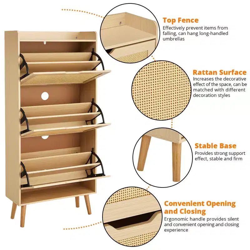 Meuble à chaussures en rotin à 3 portes avec tiroirs basculants et ventilation