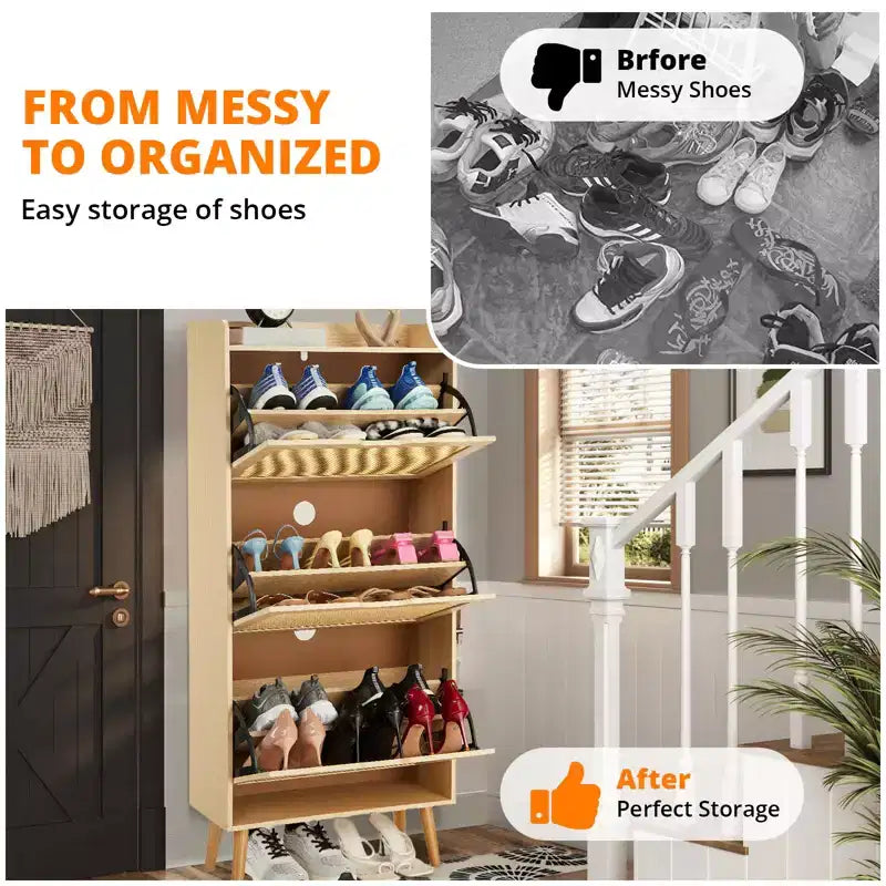 Meuble à chaussures en rotin à 3 portes avec tiroirs basculants et ventilation