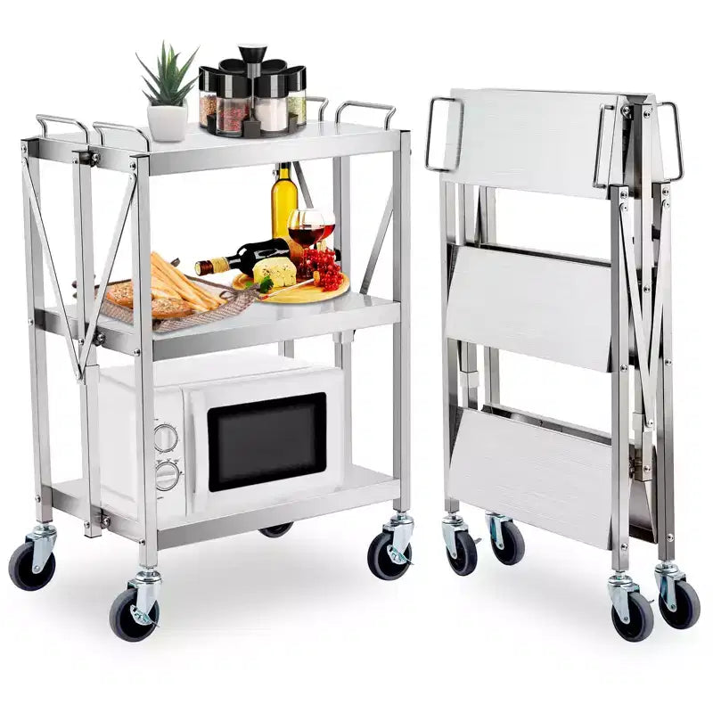 3-Tier Foldable Utility Cart with Wheels, 300 LBS Capacity, Rolling Service Cart for Home, Garage, Kitchen & Workshop Storage