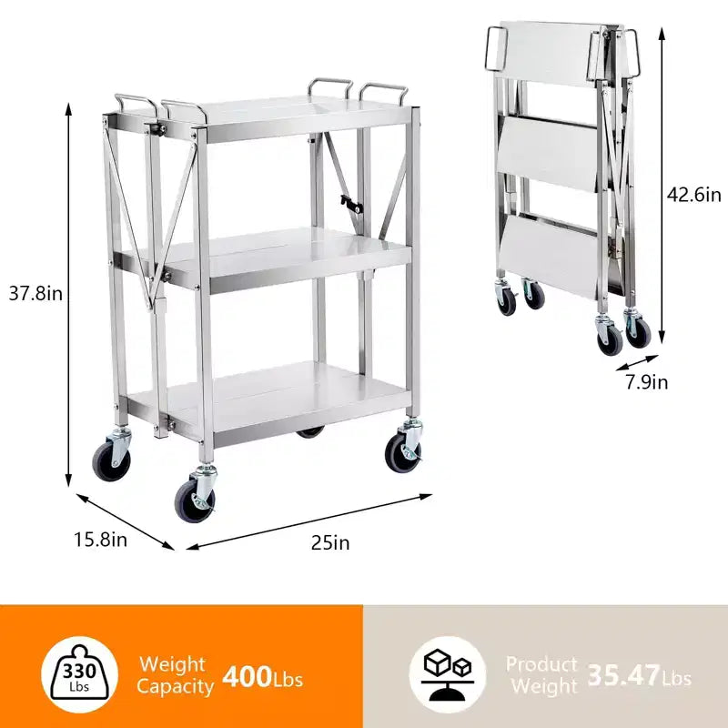 Chariot utilitaire pliable à 3 niveaux avec roues – Capacité de 136 kg
