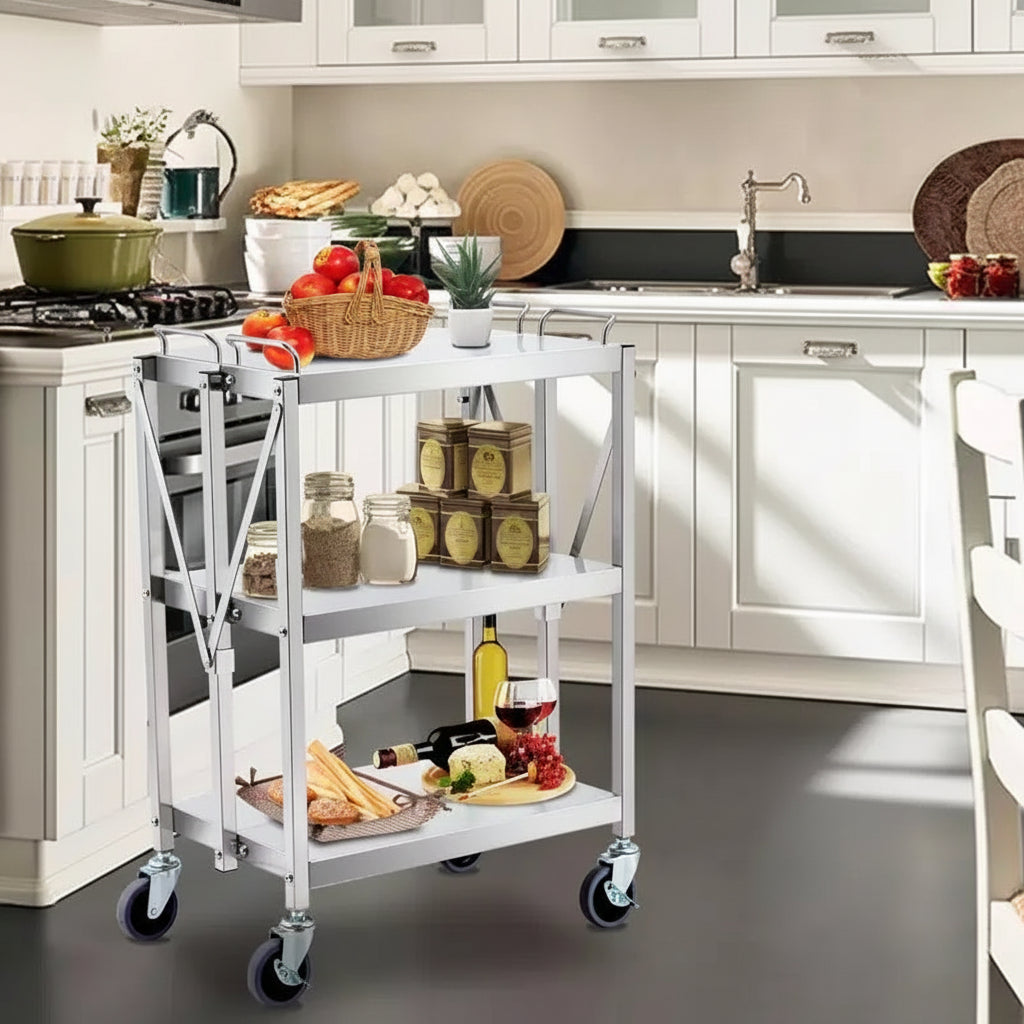 Chariot utilitaire pliable à 3 niveaux avec roues – Capacité de 136 kg