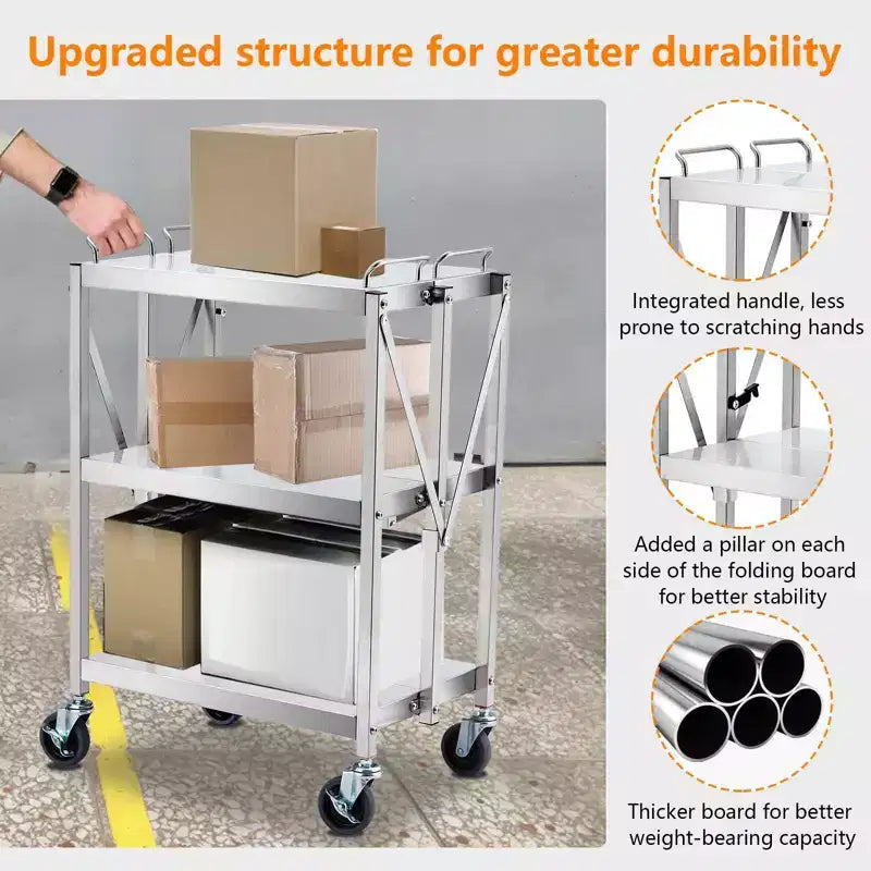 Chariot utilitaire pliable à 3 niveaux avec roues – Capacité de 136 kg