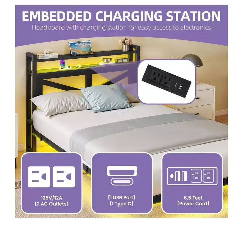 Cadre de lit plateforme en métal à DEL format jumeau avec station de recharge