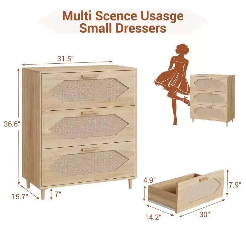 Commode 3 tiroirs en rotin pour chambre, commode moderne en rotin avec tiroirs en bois, meubles de rangement en bois pour chambres, couloirs, salons