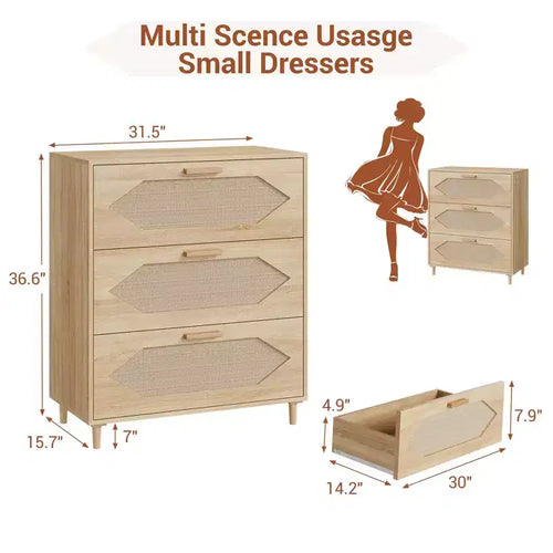 Commode 3 tiroirs en rotin pour chambre, commode moderne en rotin avec tiroirs en bois, meubles de rangement en bois pour chambres, couloirs, salons