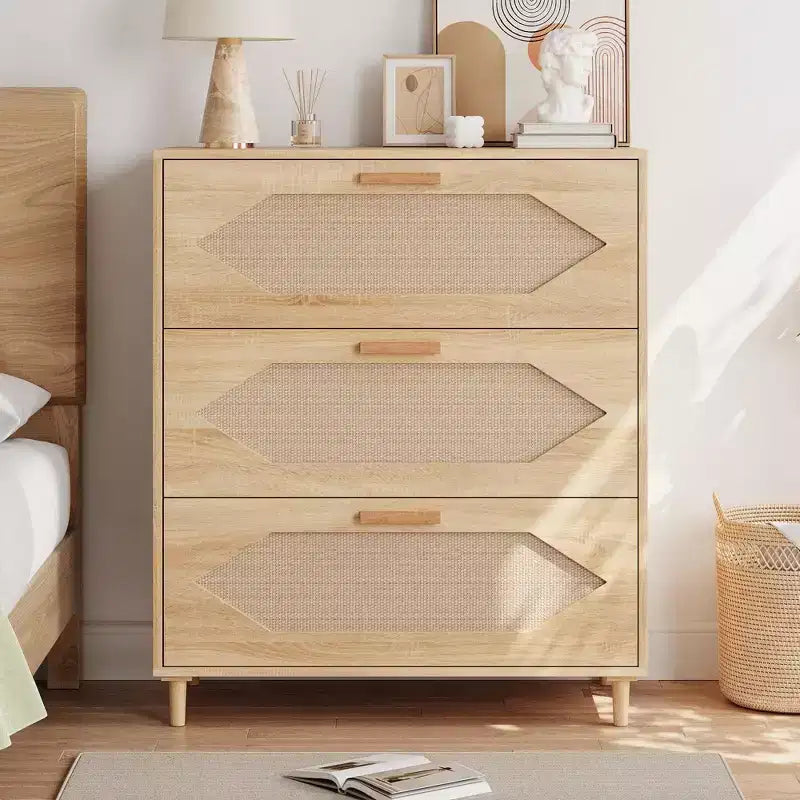 Commode 3 tiroirs en rotin pour chambre, commode moderne en rotin avec tiroirs en bois, meubles de rangement en bois pour chambres, couloirs, salons