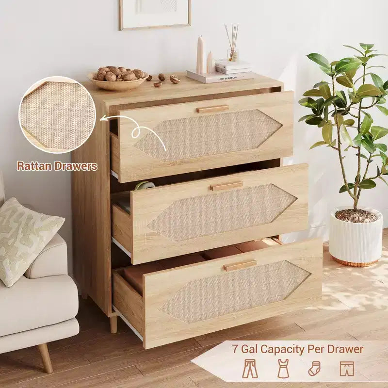 Commode 3 tiroirs en rotin pour chambre, commode moderne en rotin avec tiroirs en bois, meubles de rangement en bois pour chambres, couloirs, salons