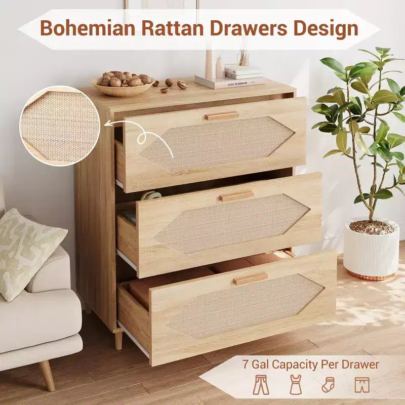Commode 3 tiroirs en rotin pour chambre, commode moderne en rotin avec tiroirs en bois, meubles de rangement en bois pour chambres, couloirs, salons