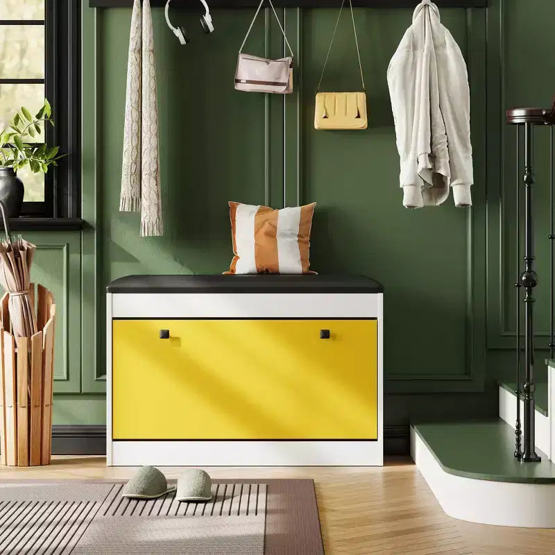 Meuble à chaussures d'entrée moderne, Banc de rangement à chaussures, Tiroir basculant et coussin d'assise, Chambre, Salon, Blanc + Jaune