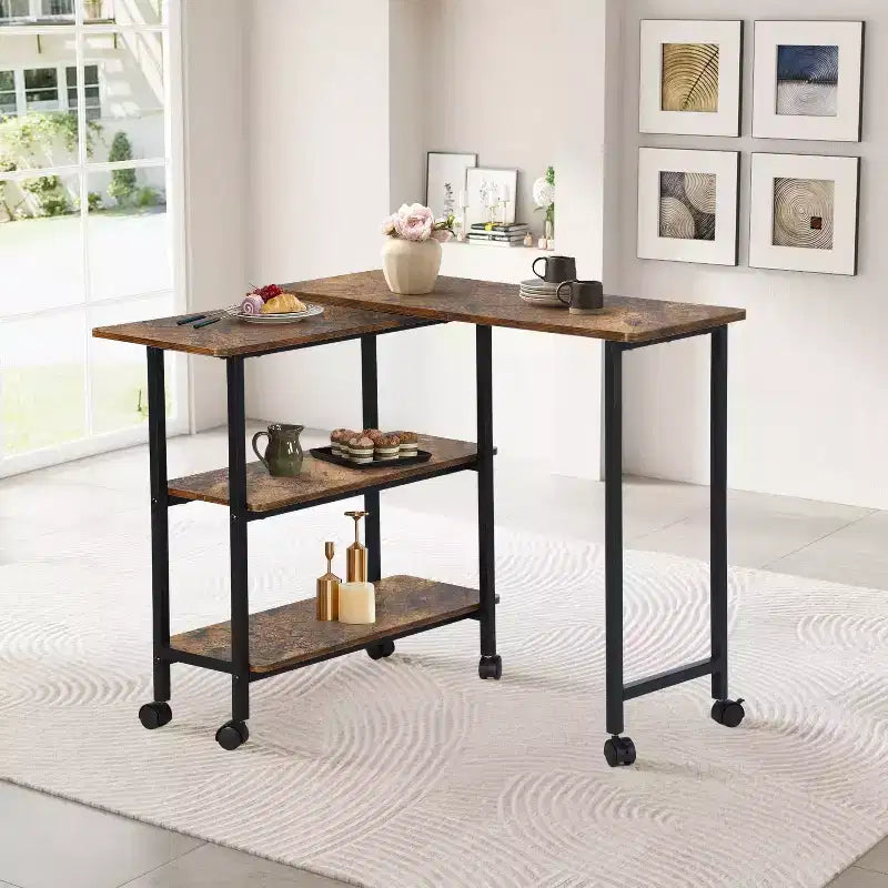 Table d'appoint rotative avec 3 étagères de rangement et roulettes verrouillables