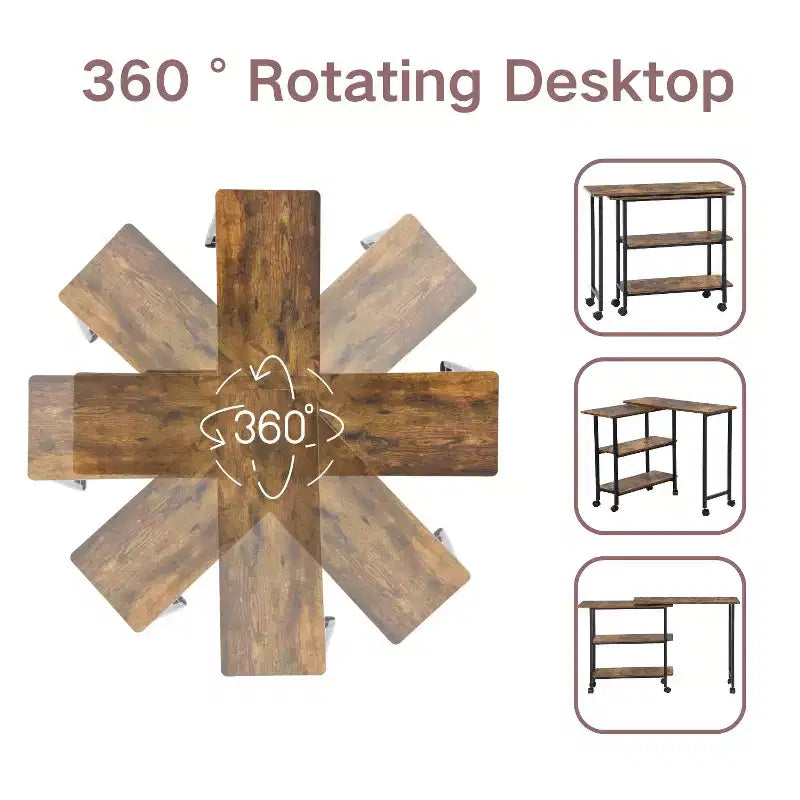 Table d'appoint rotative avec 3 étagères de rangement et roulettes verrouillables