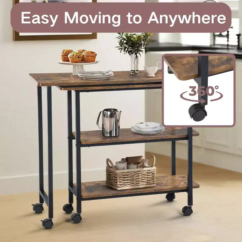 Table d'appoint rotative avec 3 étagères de rangement et roulettes verrouillables