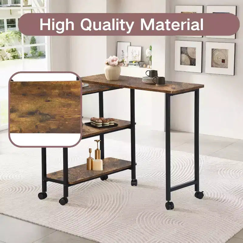 Table d'appoint rotative avec 3 étagères de rangement et roulettes verrouillables