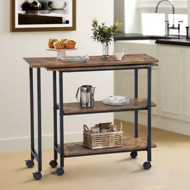 Table d'appoint rotative avec 3 étagères de rangement et roulettes verrouillables