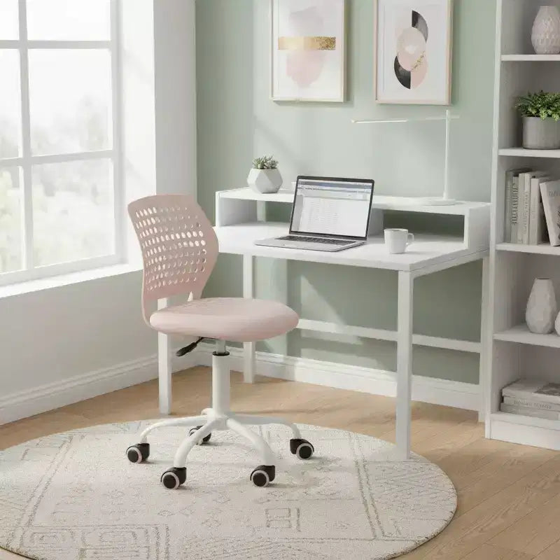 Chaise de bureau sans accoudoirs FurnitureR avec roulettes, chaise de bureau compacte pivotante et réglable en hauteur avec dossier respirant, rose