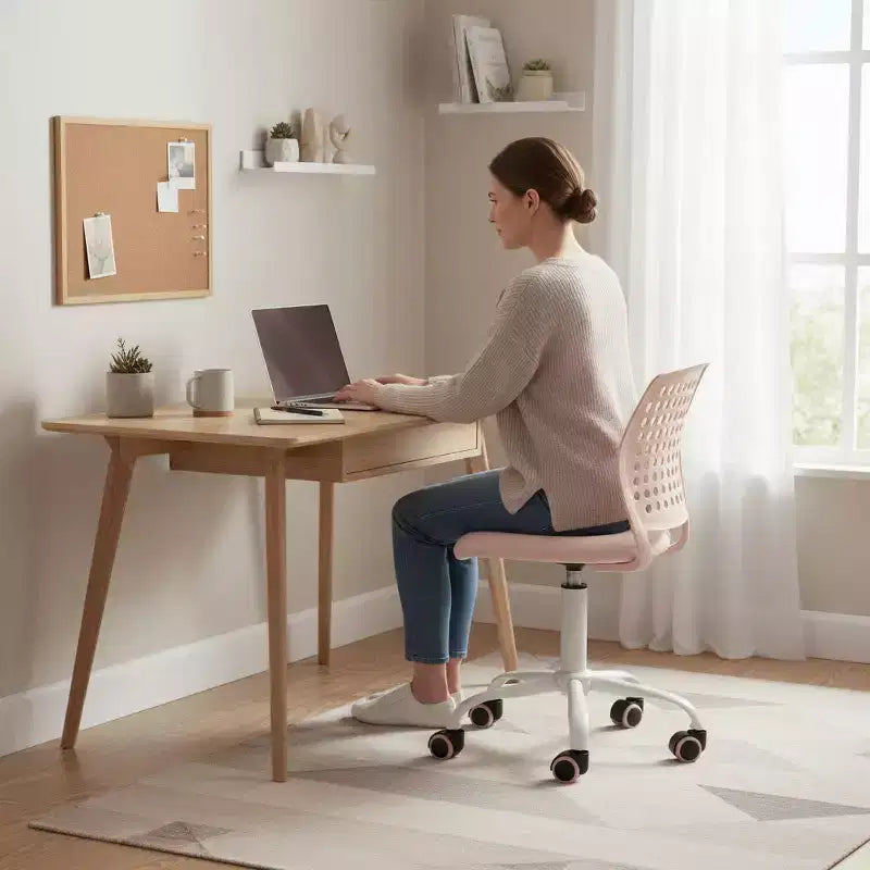 Chaise de bureau sans accoudoirs FurnitureR avec roulettes, chaise de bureau compacte pivotante et réglable en hauteur avec dossier respirant, rose