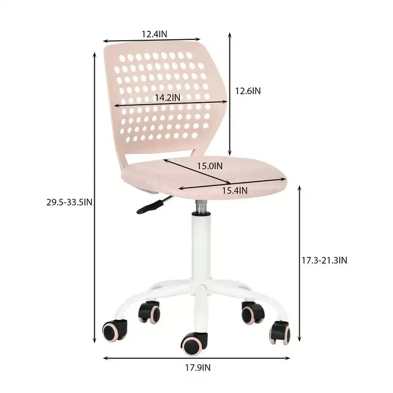 Chaise de bureau sans accoudoirs FurnitureR avec roulettes, chaise de bureau compacte pivotante et réglable en hauteur avec dossier respirant, rose