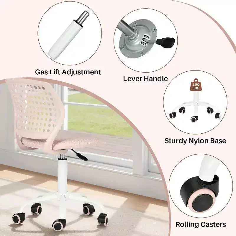 Chaise de bureau sans accoudoirs FurnitureR avec roulettes, chaise de bureau compacte pivotante et réglable en hauteur avec dossier respirant, rose