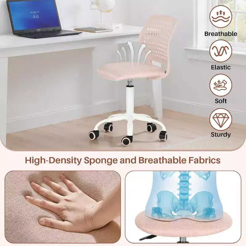 Chaise de bureau sans accoudoirs FurnitureR avec roulettes, chaise de bureau compacte pivotante et réglable en hauteur avec dossier respirant, rose