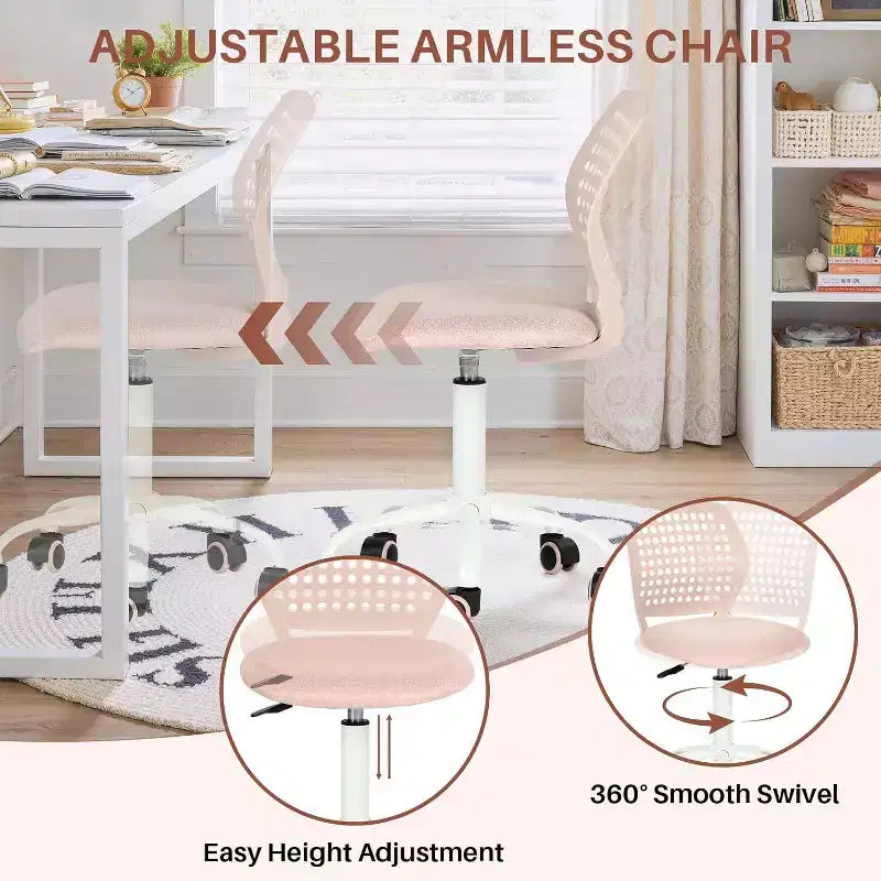 Chaise de bureau sans accoudoirs FurnitureR avec roulettes, chaise de bureau compacte pivotante et réglable en hauteur avec dossier respirant, rose