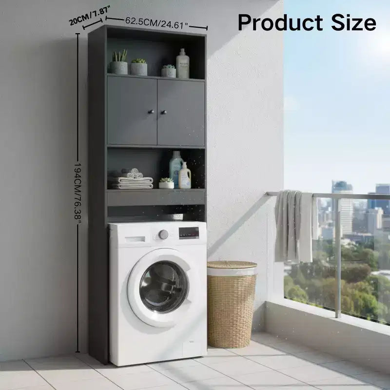 Meuble de rangement de salle de bain haut avec deux portes et étagères ouvertes, organisateur sur pied de 193,9 cm