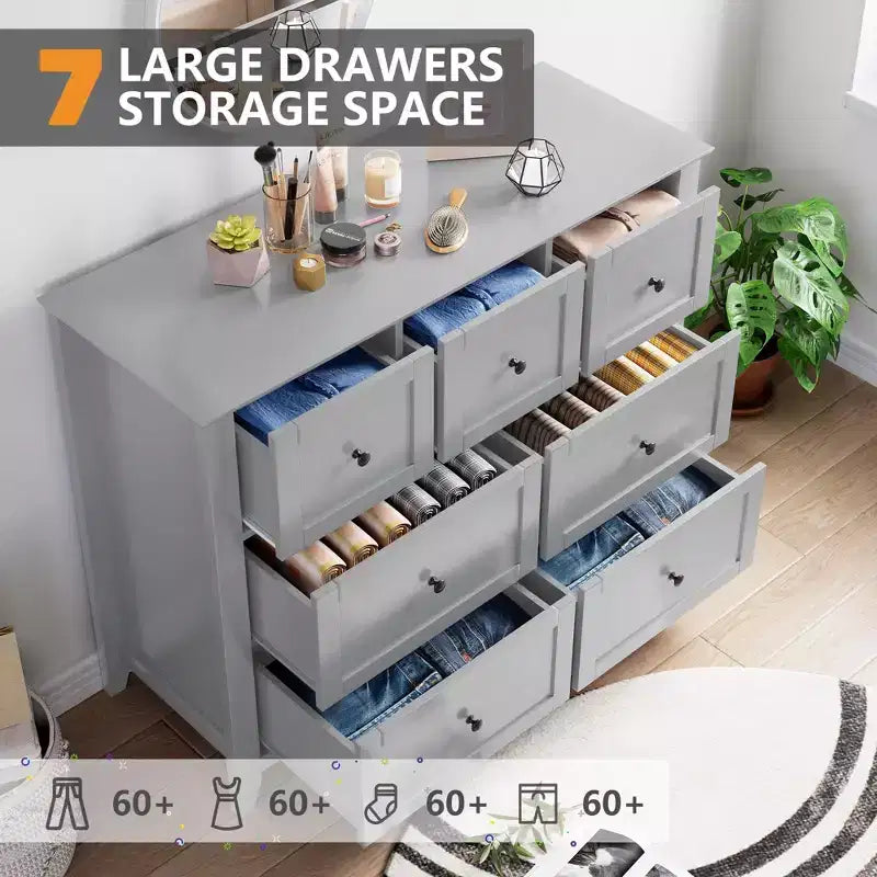 Commode 7 tiroirs avec rangement profond – Grise