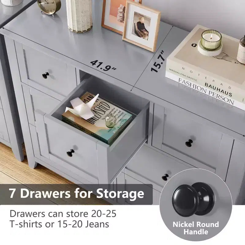 Commode 7 tiroirs avec rangement profond – Grise