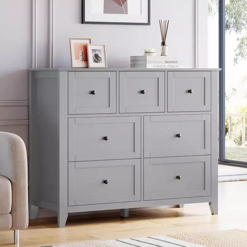 Commode 7 tiroirs avec rangement profond – Grise