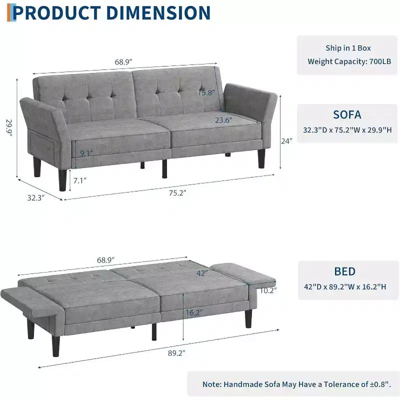 Canapé-lit convertible avec dossier et accoudoirs réglables – Causeuse-futon en chenille